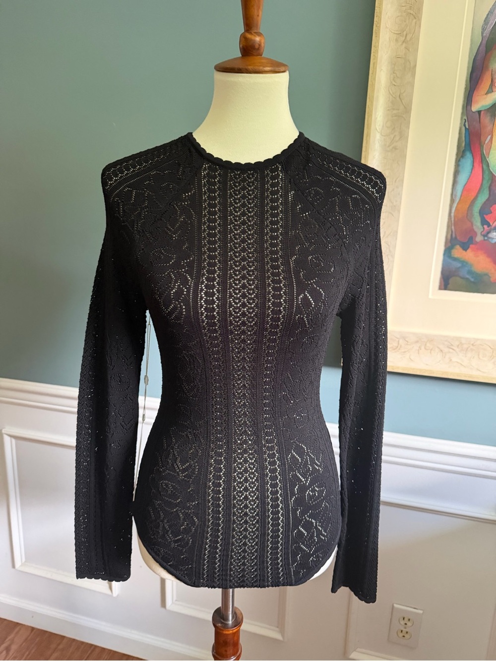 Ronny Kobo Black Women's Long-Sleeve Openwork Knit BodysuitTop - Classic Style